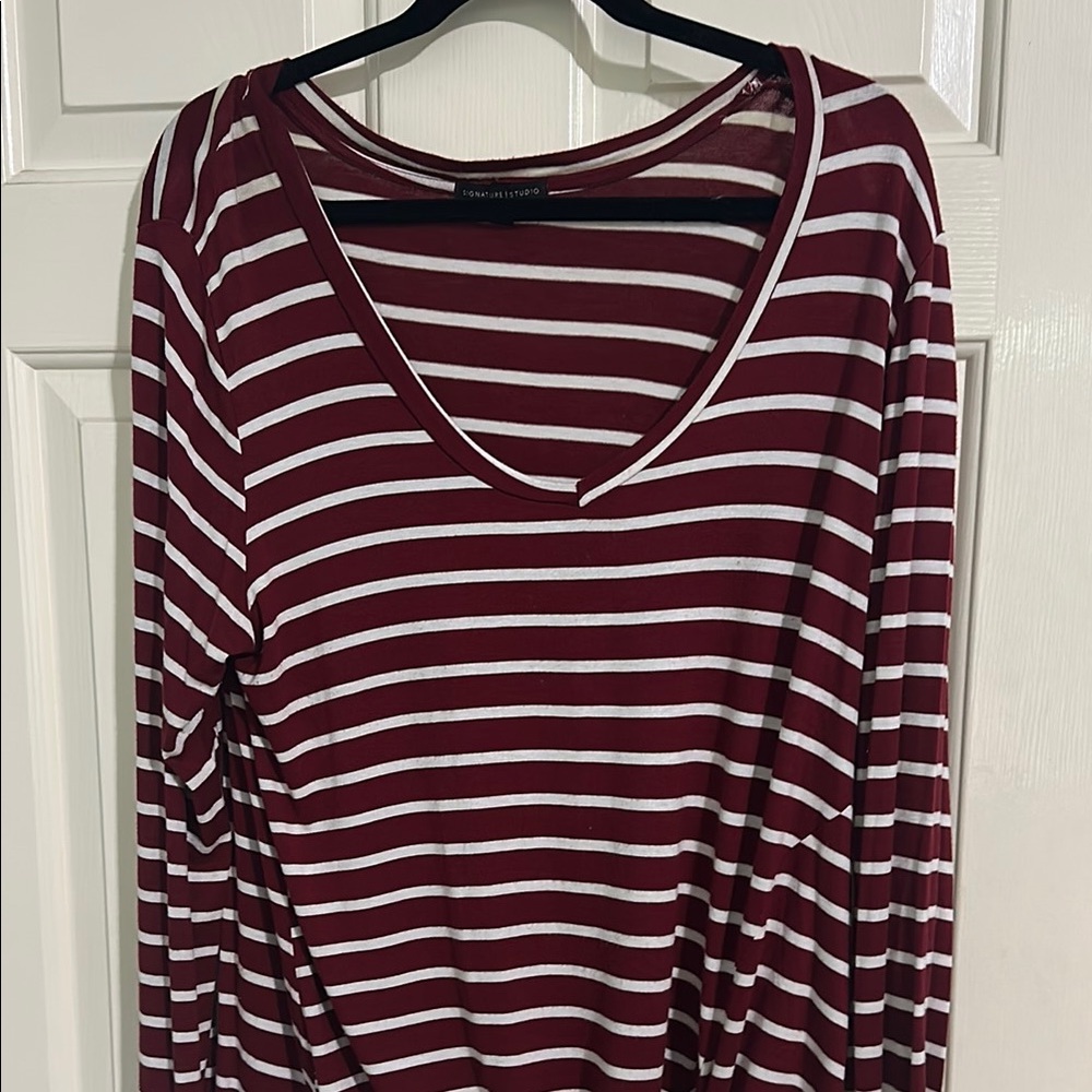 Signature Studio Maroon and White Striped Long Sleeve Tee